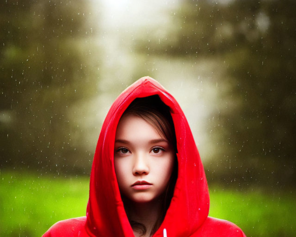 Person in Red Hoodie Standing in Light Rain with Bokeh Green Background