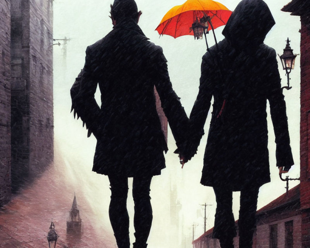 Couple walking in rain with orange umbrella on old city street