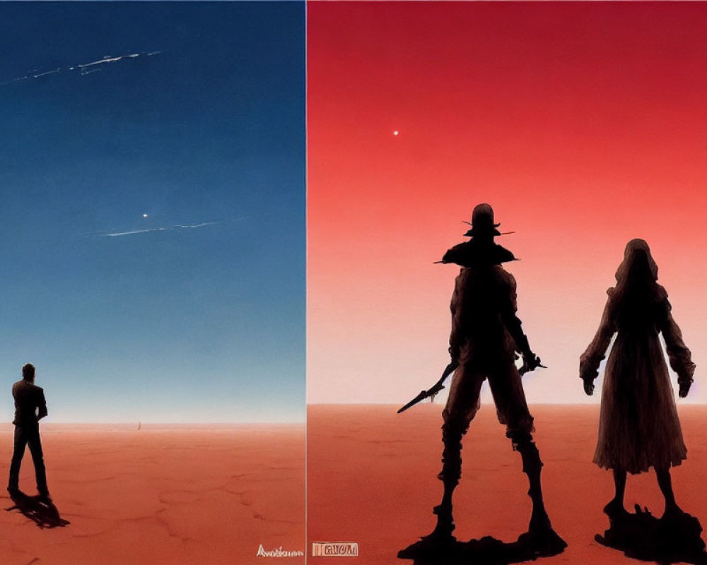 Split image: figure in desert under blue sky & two silhouettes against red sky