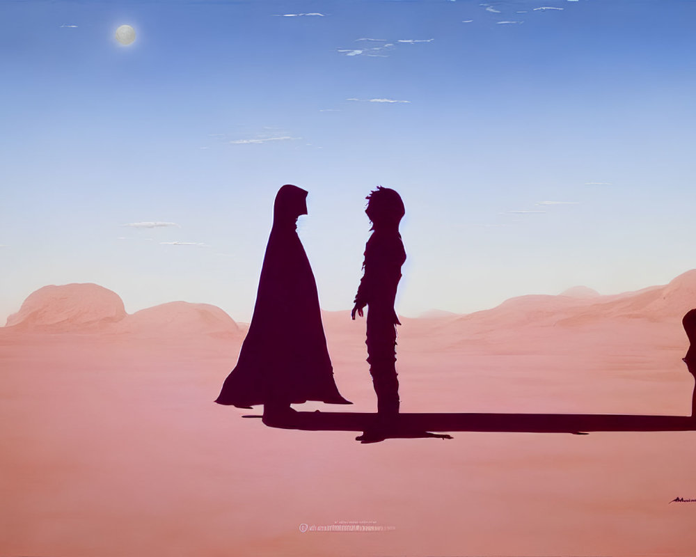 Desert scene with silhouetted figures, moons, robed person, robotic figure, and