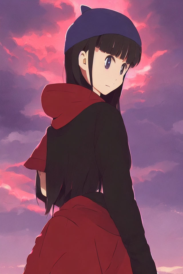 Blue Beret and Red Scarf Anime Girl in Pink Clouded Sky