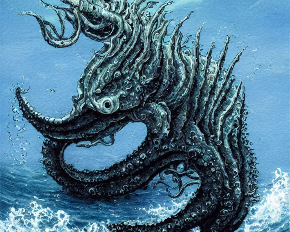 Mythical sea creature with tentacles and fins in ocean waves