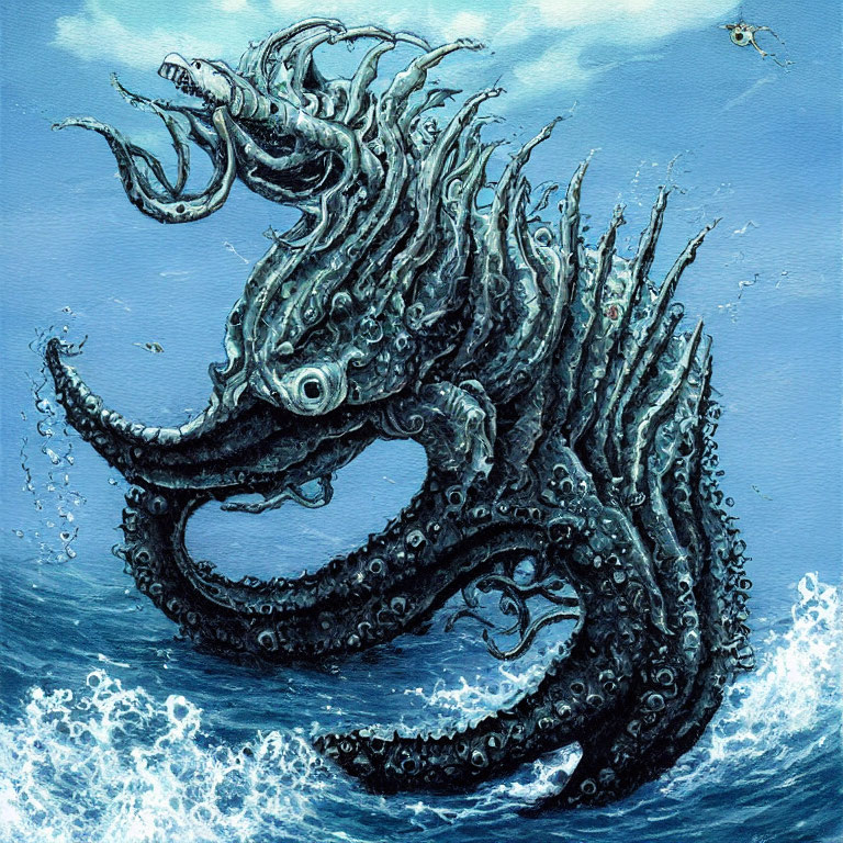 Mythical sea creature with tentacles and fins in ocean waves