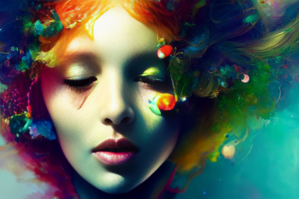 Vibrant surreal portrait with multicolored hair and paint splashes
