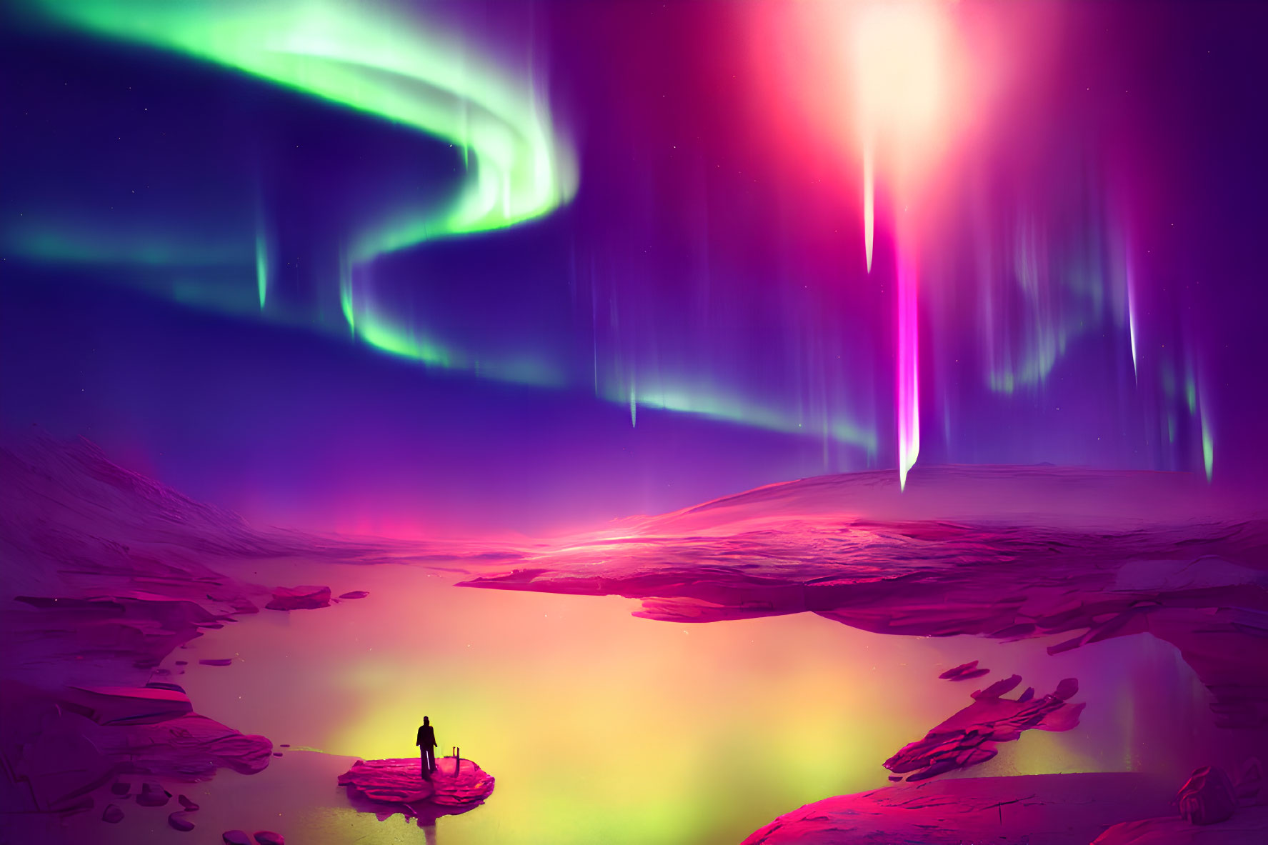 Person standing on rock in colorful alien landscape with vivid auroras and glowing surface