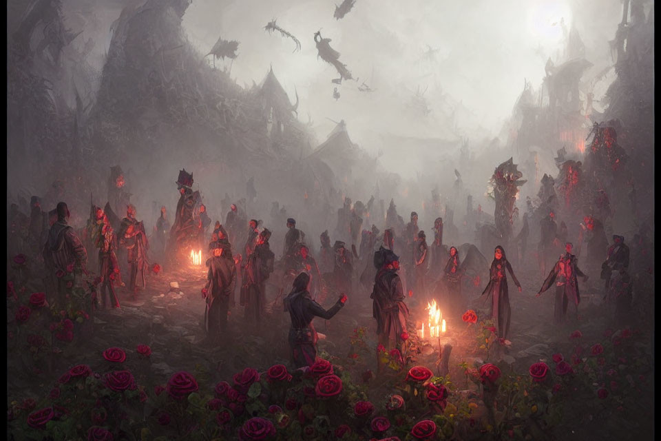 Dark fantasy scene: robed figures, roses, candlelit ritual, flying creatures, mysterious village