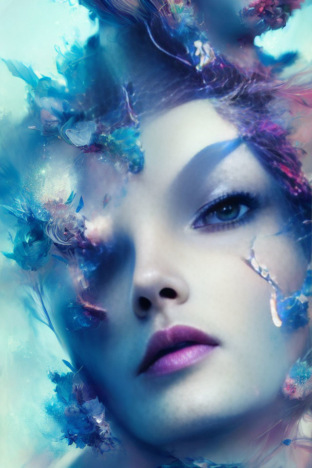 Vibrant blue and purple hues in abstract floral portrait.