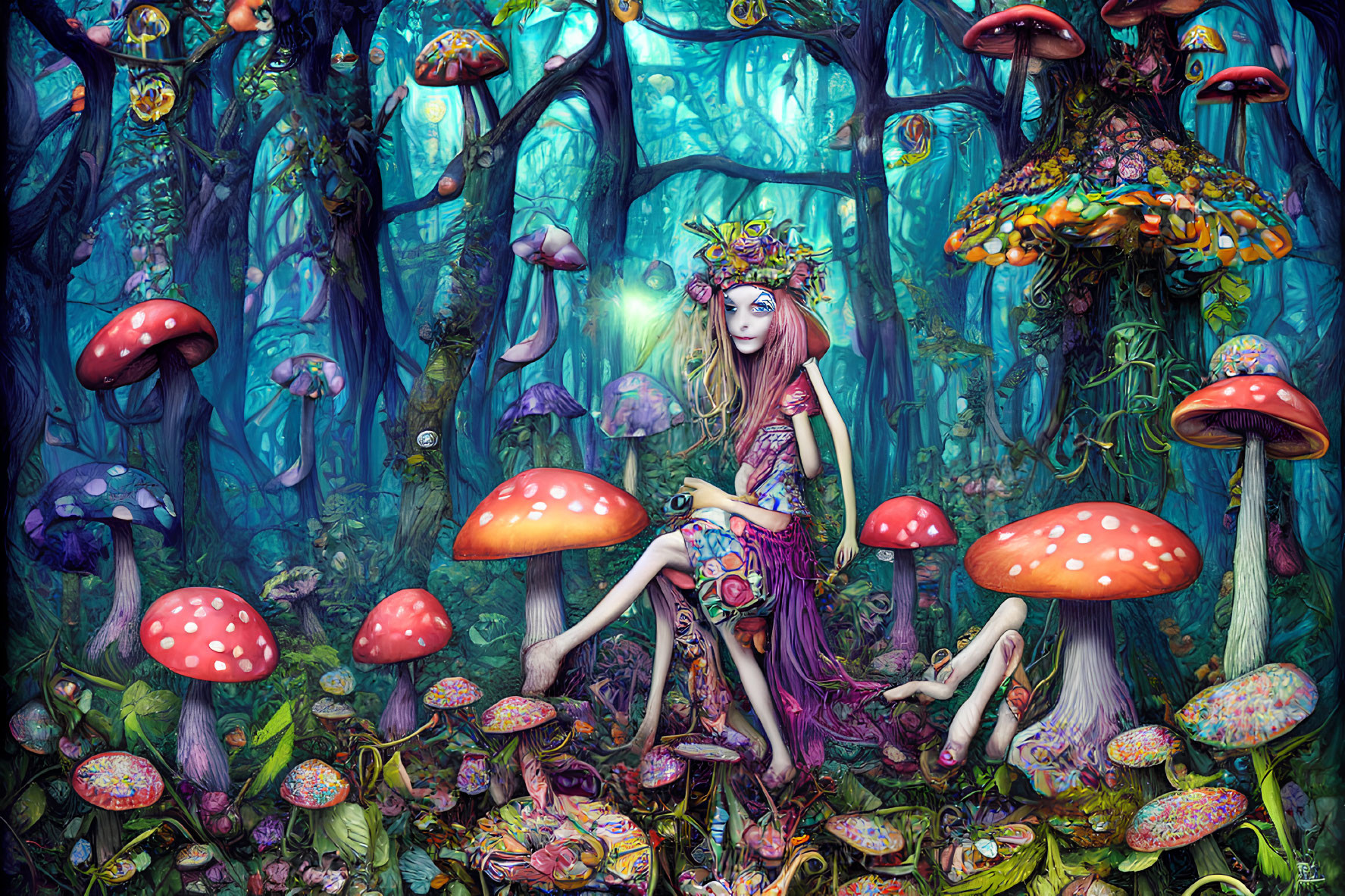 Woman in mystical forest with oversized mushrooms and intricate plants