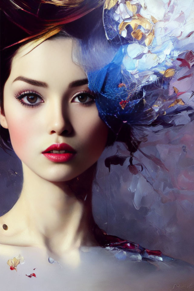 Digital artwork: Woman's portrait merged with abstract fish and flower splash