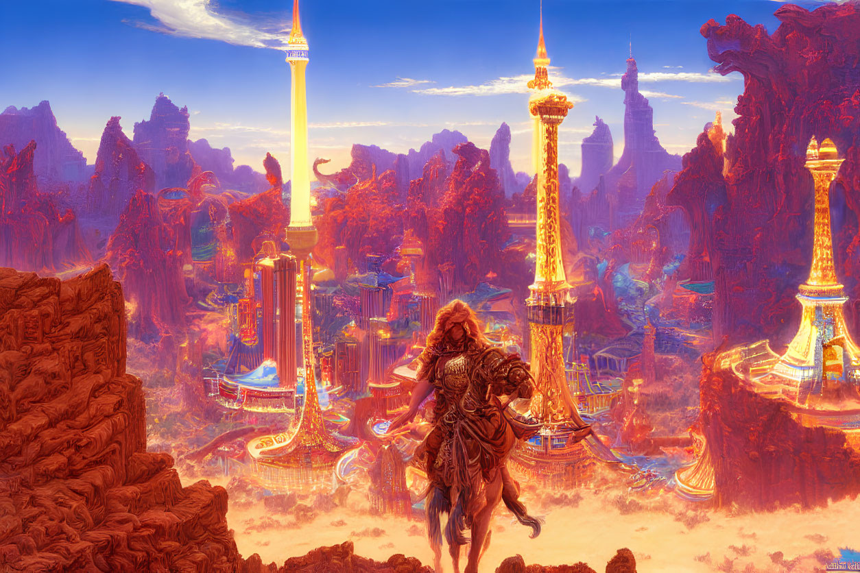 Warrior gazes at fantasy city with tall spires in warm light