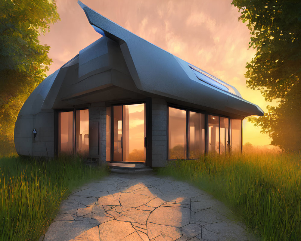 Futuristic house with large windows in tranquil field at sunrise