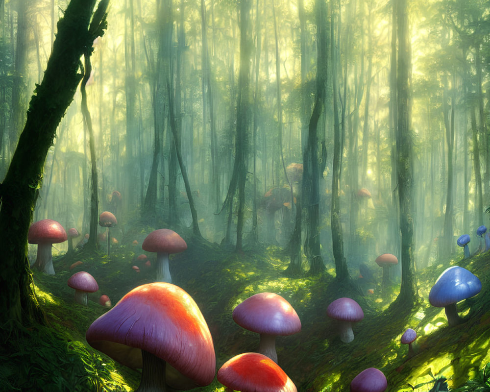 Enchanting sunlight-drenched forest with vibrant mushrooms and hazy tree canopy