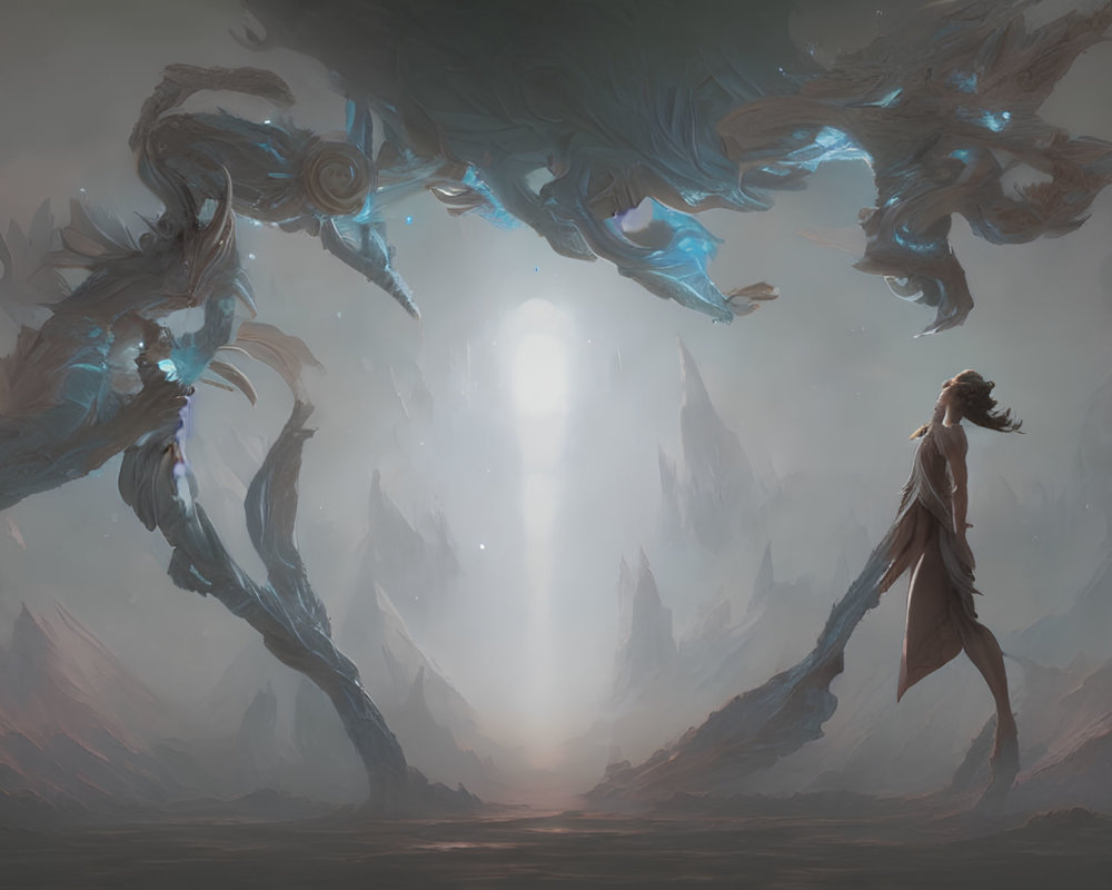 Person in cape surrounded by dragons at luminous portal in misty mountains