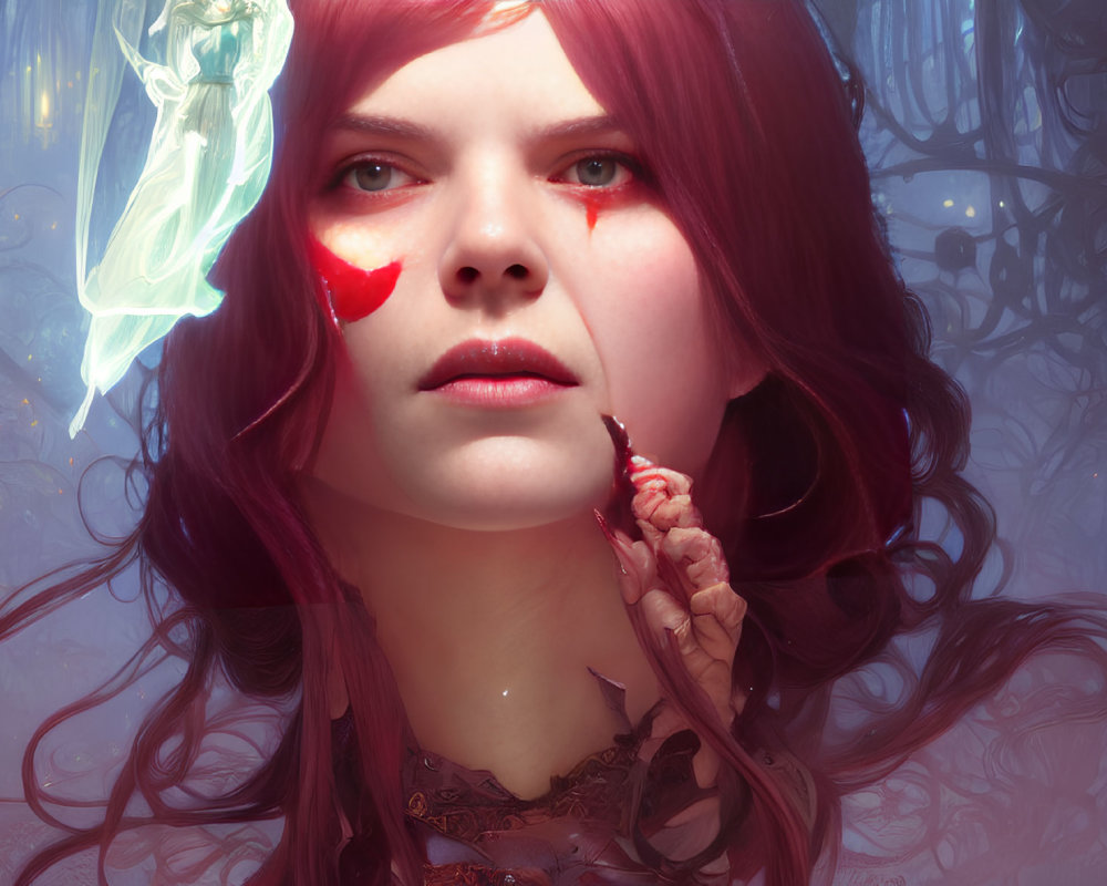 Red-haired woman applying red substance with glowing butterfly and tangled branches.
