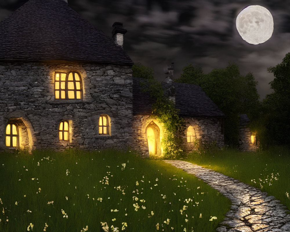 Stone cottage at night with lit windows, cobblestone path, wildflowers, full moon