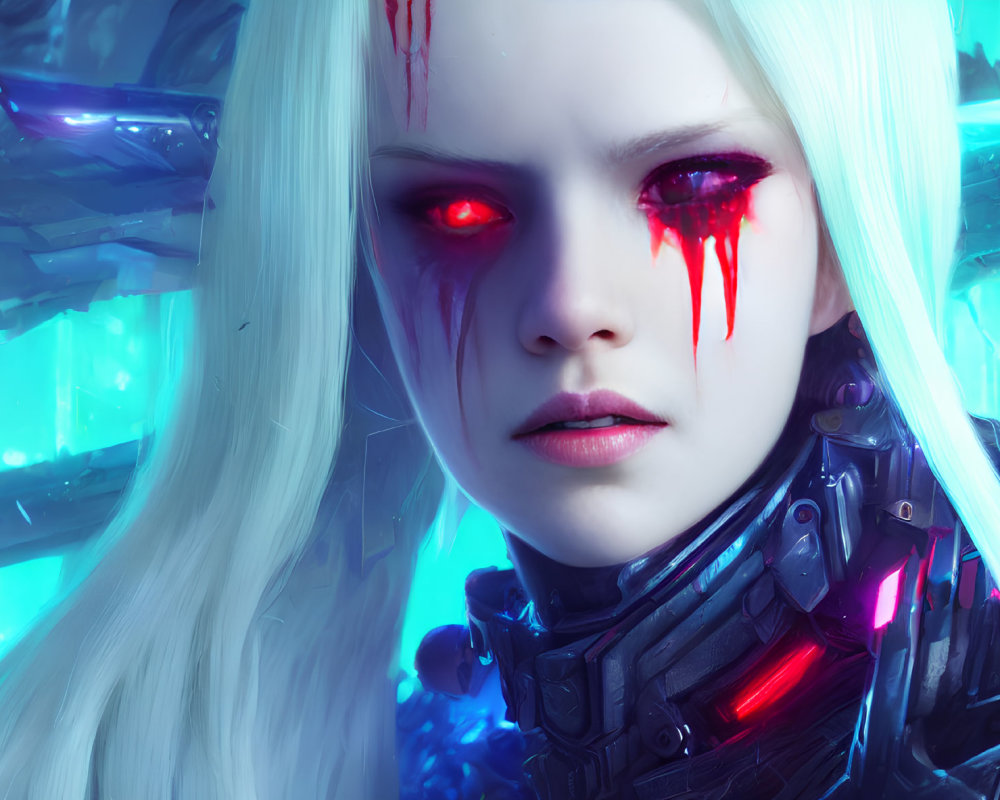 Digital artwork featuring female character with pale skin, white hair, red eyes, and icy blue background