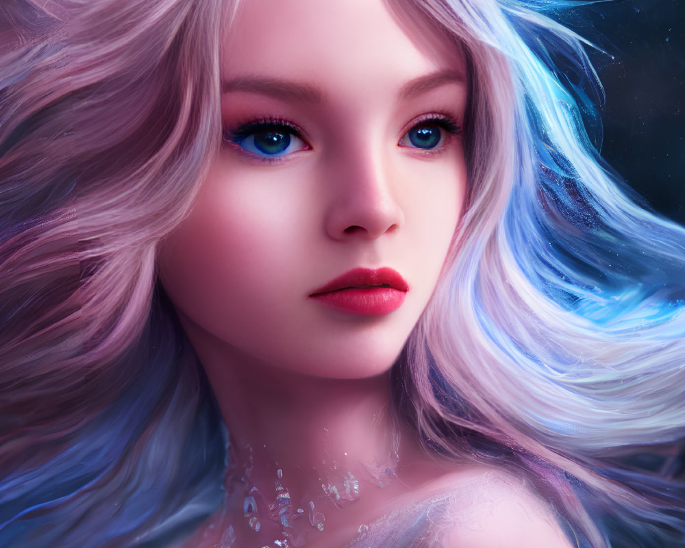 Detailed Digital Portrait of Woman with Striking Blue Eyes and Flowing Hair in Cosmic Setting