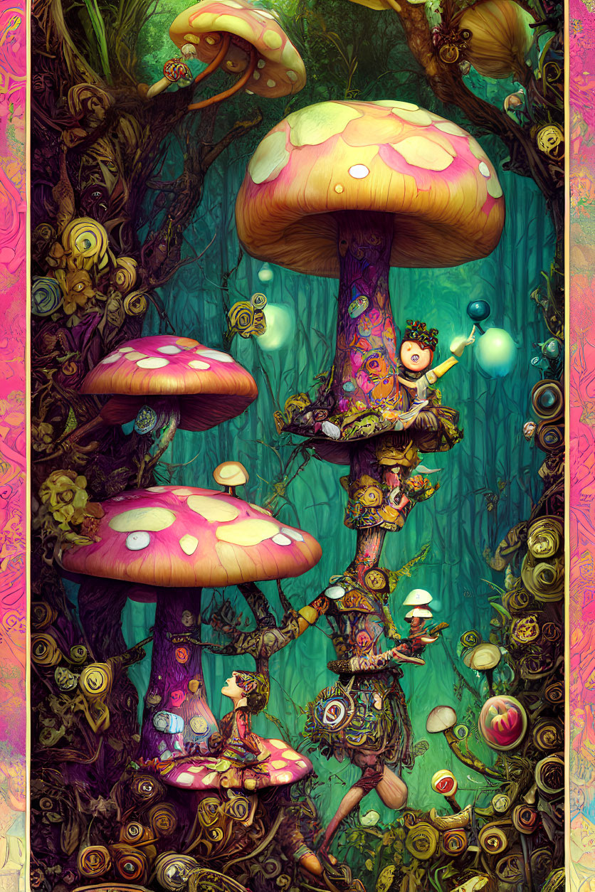 Colorful Fantasy Forest with Oversized Mushrooms and Whimsical Characters
