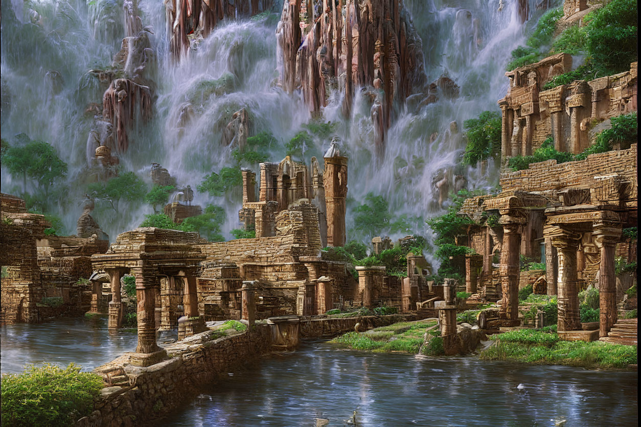Mystical ancient city with waterfalls and ruins