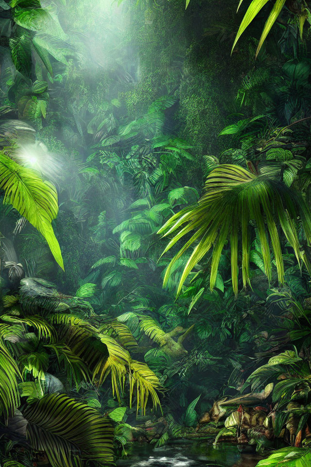 Lush Green Tropical Forest with Sunlight and Stream