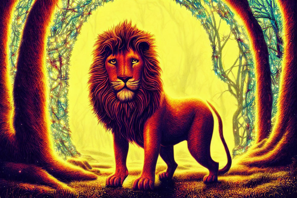 Majestic lion in vibrant forest setting with exaggerated trees