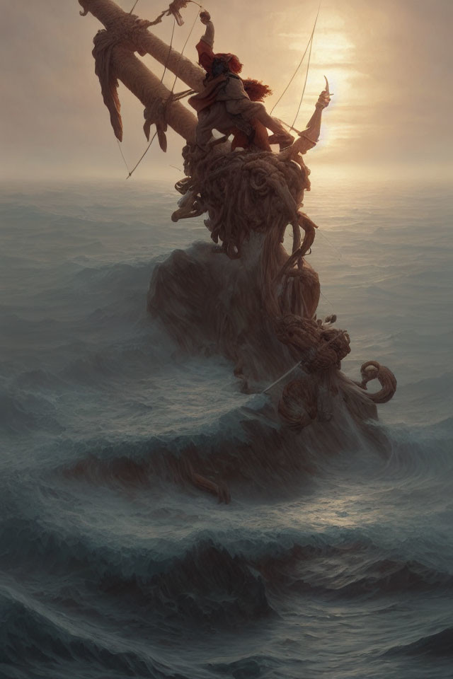 Person riding griffin-like sea creature through misty seas at sunset