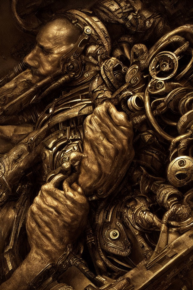Detailed sepia-toned cyborg illustration with mechanical parts and gears.