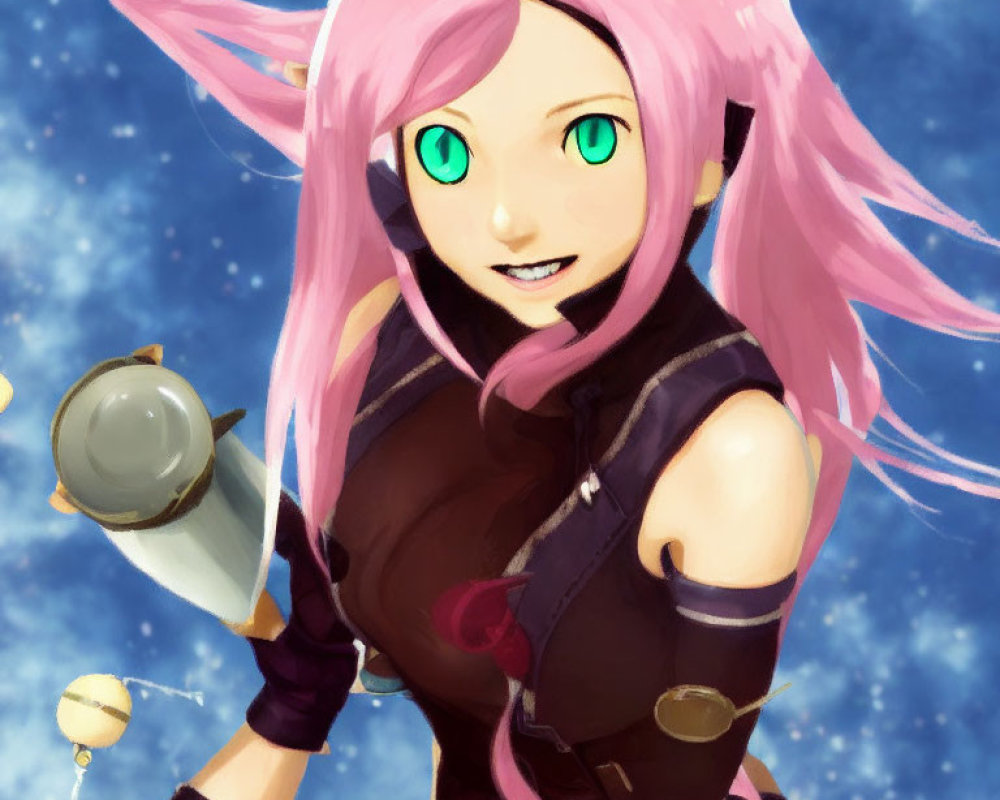 Pink-haired anime character with elf ears in black outfit holding a capsule in starry scene