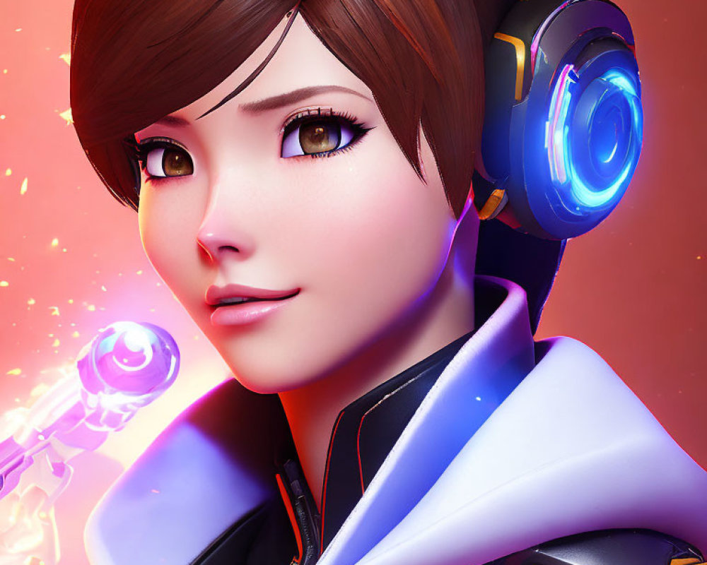 Female animated character with futuristic headset and glowing eyes on warm backdrop