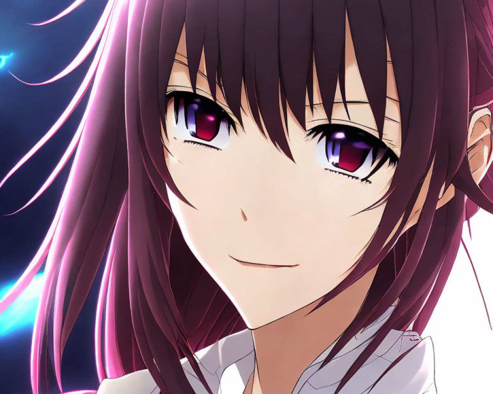 Detailed close-up of smiling anime girl with purple eyes and long dark hair in school uniform against night sky
