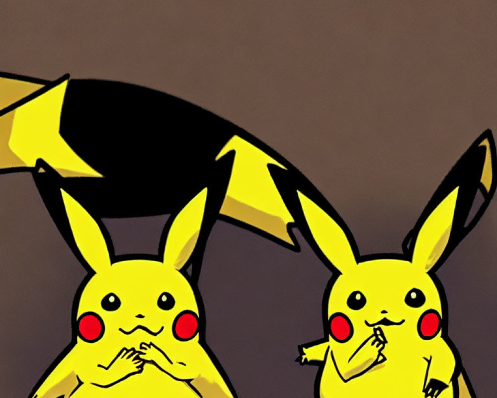 Illustrated Pikachu characters mirroring each other on brown background