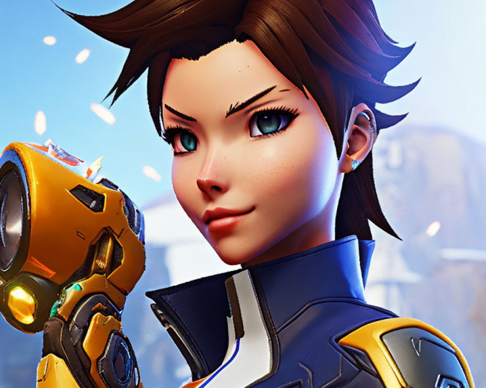 Spiky Brown-Haired Female Character with Futuristic Gun and Blue Eyes