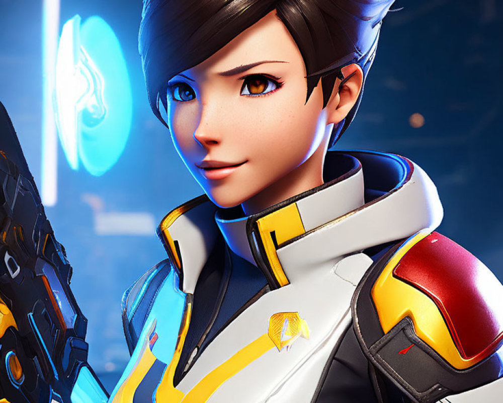 3D-rendered image of female character in futuristic uniform