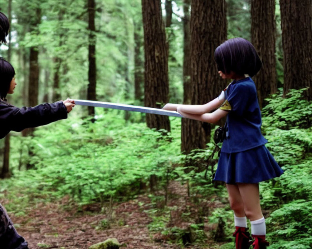 Playful sword fight in forest: Dark outfit vs. blue dress & red socks