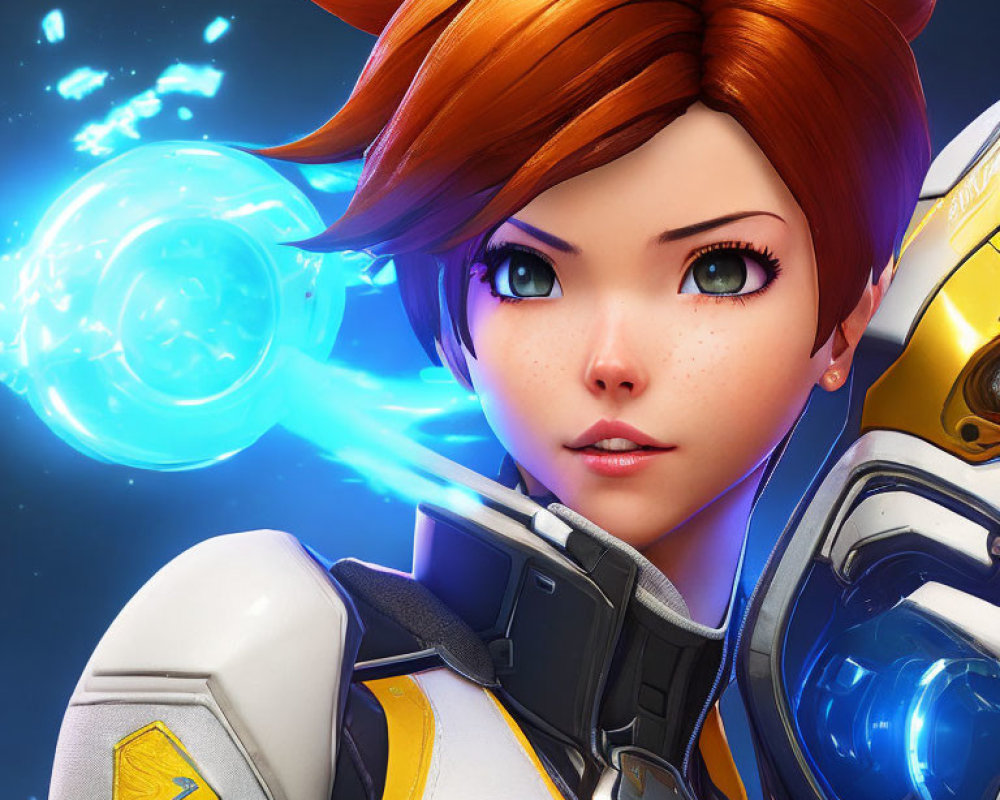 Stylized female character with orange hair in futuristic armor holding glowing blue orb