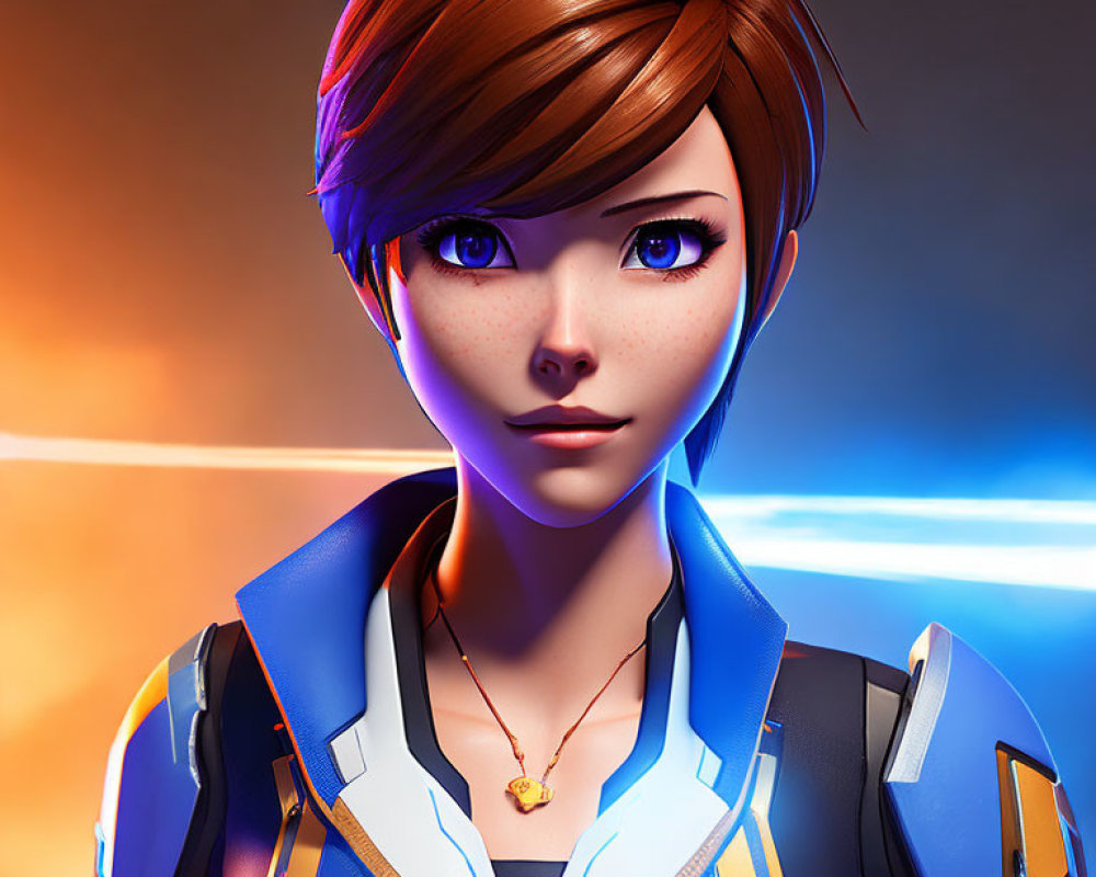 Female character with blue eyes and auburn hair in futuristic jacket - 3D illustration