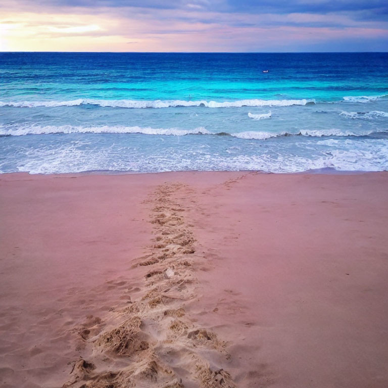 Tranquil beach scene with footprints and turquoise waves