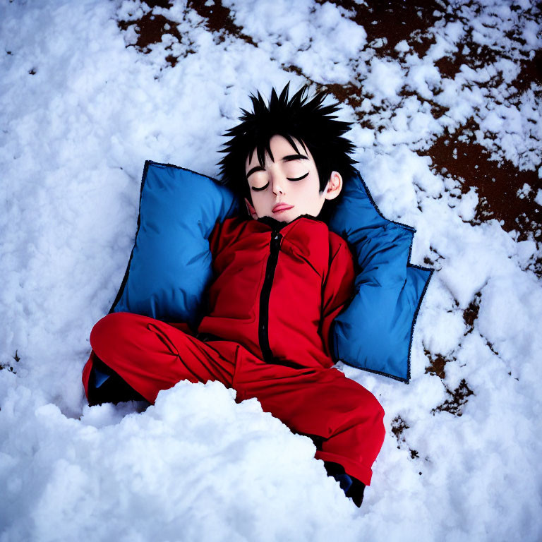 Person in Red Suit Lying on Blue Pillow in Snow
