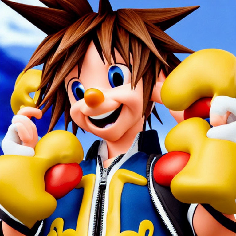 Smiling animated character with spiky brown hair in black jacket and yellow gloves