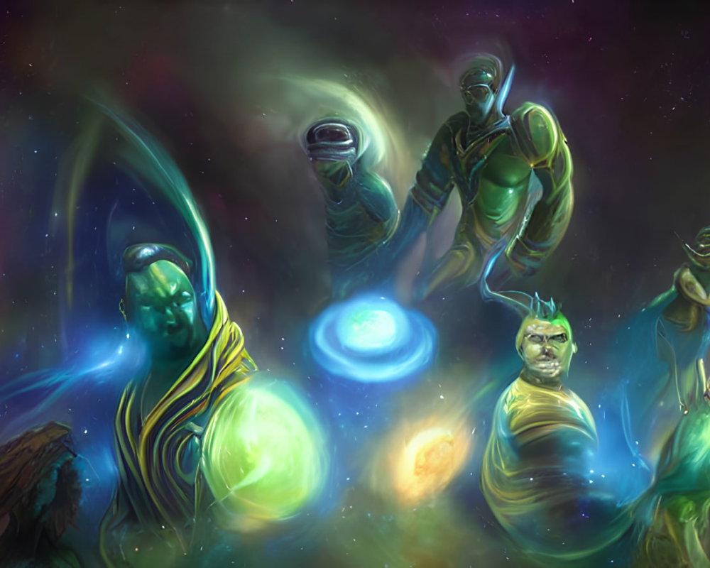 Illustration of cosmic entities with green central figure in starry nebula.
