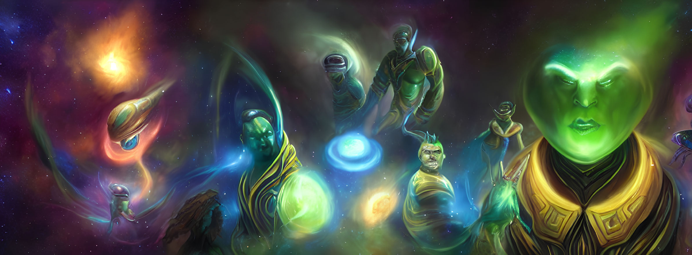 Illustration of cosmic entities with green central figure in starry nebula.