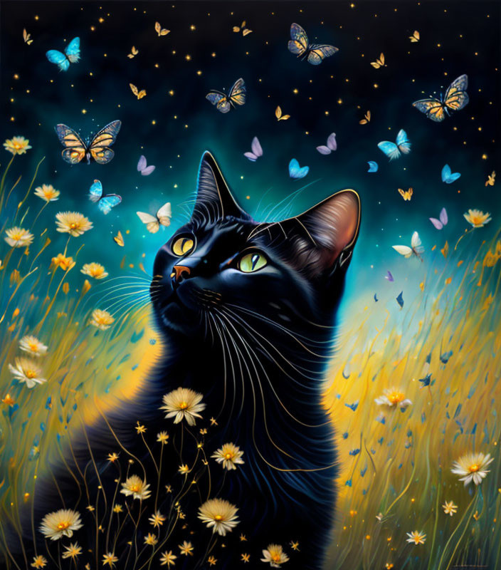 Black Cat & Butterflies In A Meadow