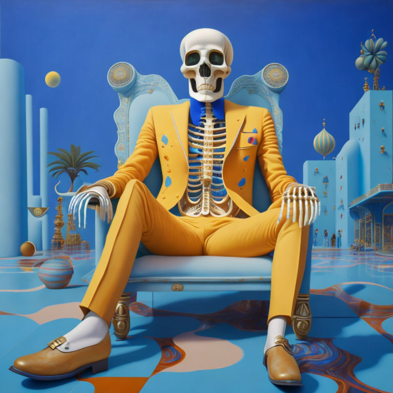 Wes Anderson Stle Skeleton with Dali landscape