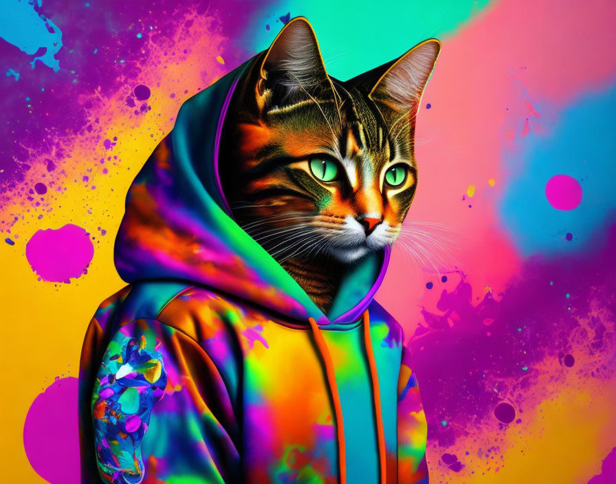 Tabby Cat in Colorful Hoodie on Neon Paint Background