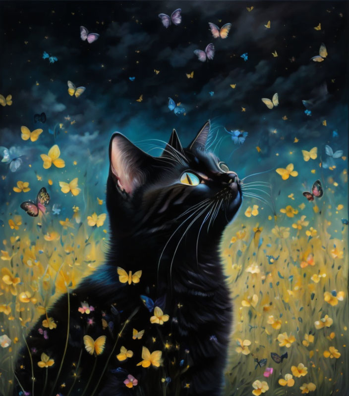 Cat & Butterflies In A Flower Meadow
