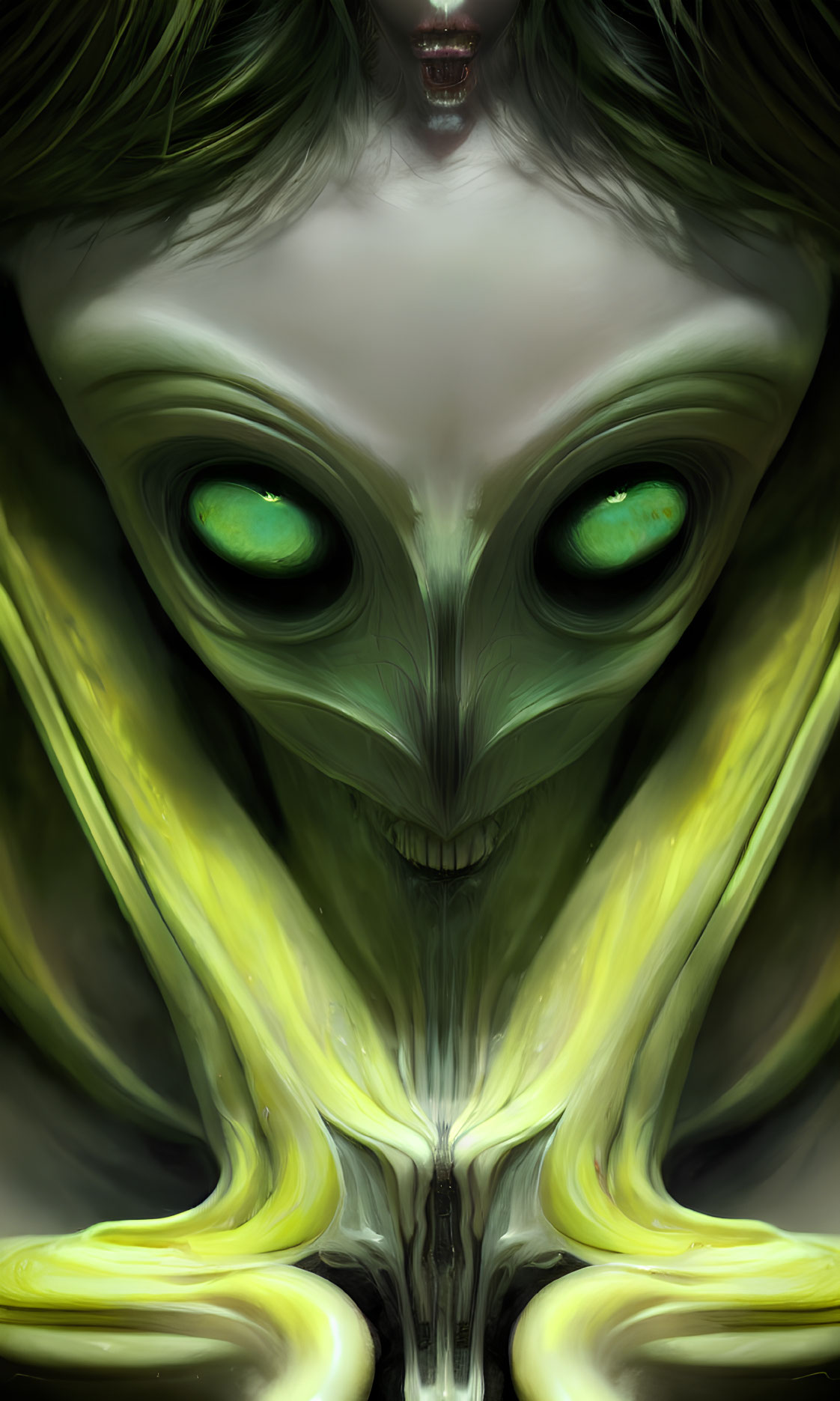 Dark digital artwork: humanoid with green glowing eyes and alien-like features