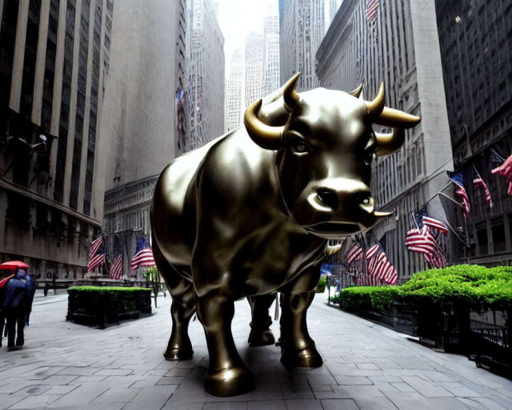 Bronze bull statue with American flags in narrow street symbolizes financial optimism.