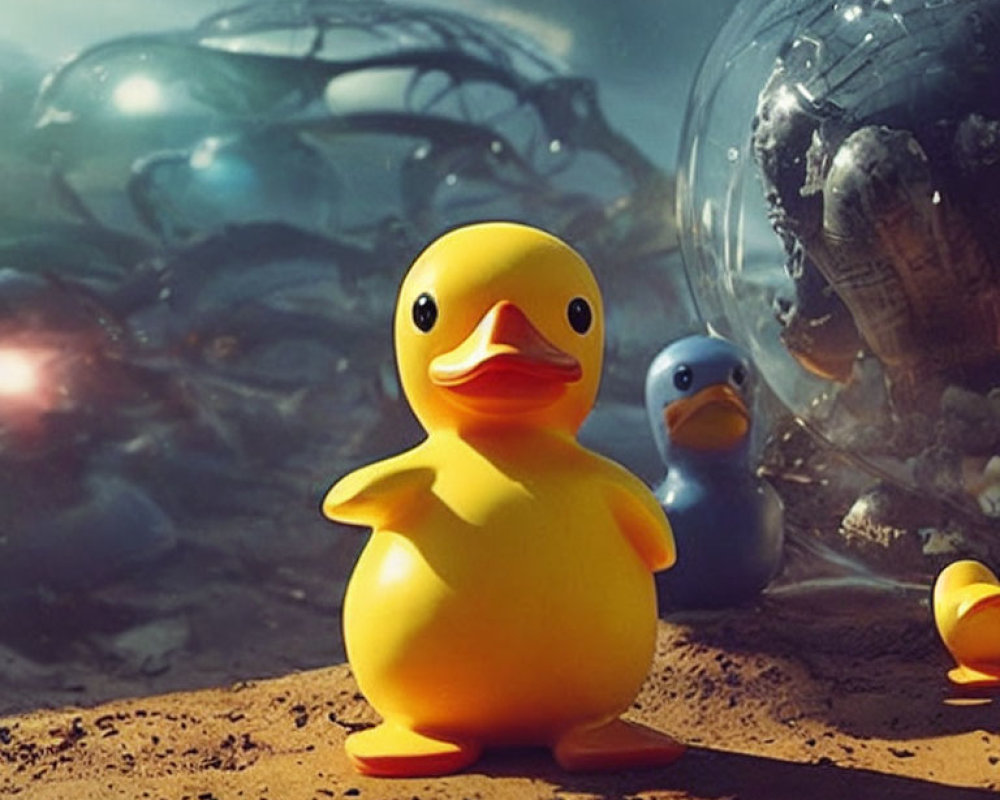 Two Rubber Ducks in Sci-Fi Dystopian Landscape