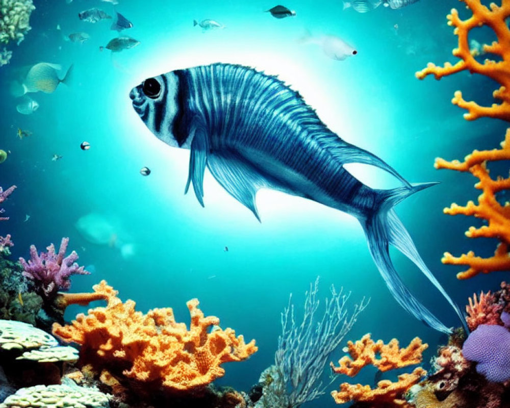 Colorful Underwater Scene with Large Fish and Corals in Clear Blue Water