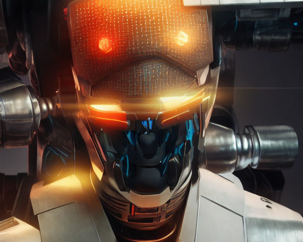 Futuristic robot with glowing orange visor and metallic armor.